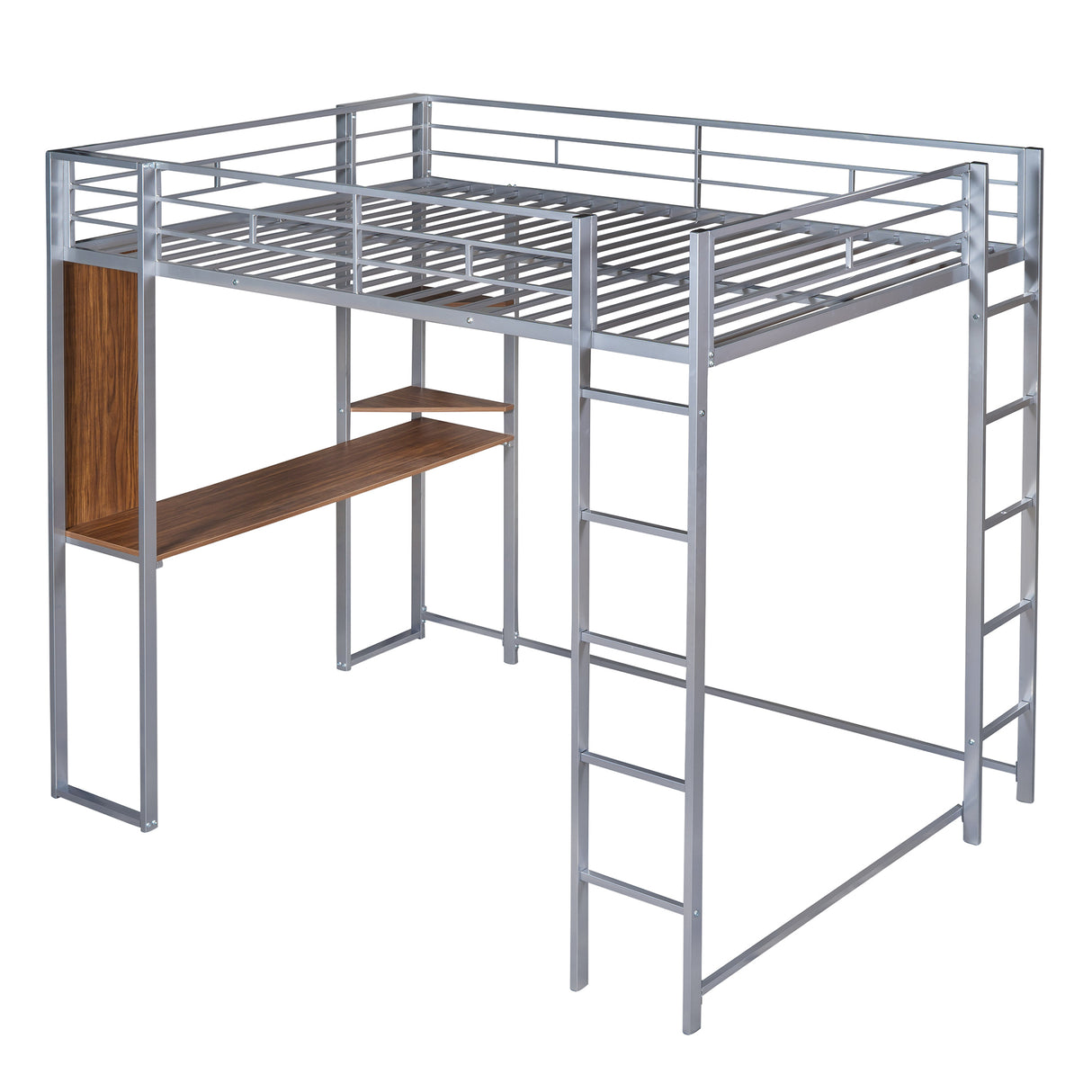 Full Size Metal Loft Bed with 2 Shelves and one Desk ,Silver (Old SKU: LP000191AAN )