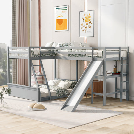 Twin over Full Bunk Bed with Twin Size Loft Bed with Desk and Slide,Full-Length Guardrail, Gray - Home Elegance USA