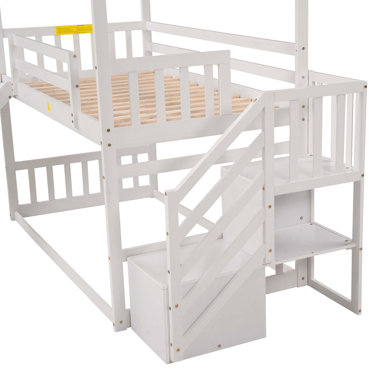 Twin over Twin House Bunk Bed with Convertible Slide,Storage Staircase,White - Home Elegance USA