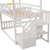 Twin over Twin House Bunk Bed with Convertible Slide,Storage Staircase,White - Home Elegance USA