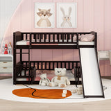 Bunk Bed with Slide,Full Over Full Low Bunk Bed with Fence and Ladder for Toddler Kids Teens Espresso