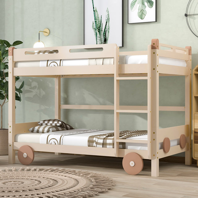 Twin Size Car-Shaped Convertible Bunk Bed, White, Natural+Brown - Home Elegance USA