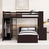 Twin size Loft Bed with a Stand-alone bed, Shelves,Desk,and Wardrobe-Espresso - Home Elegance USA