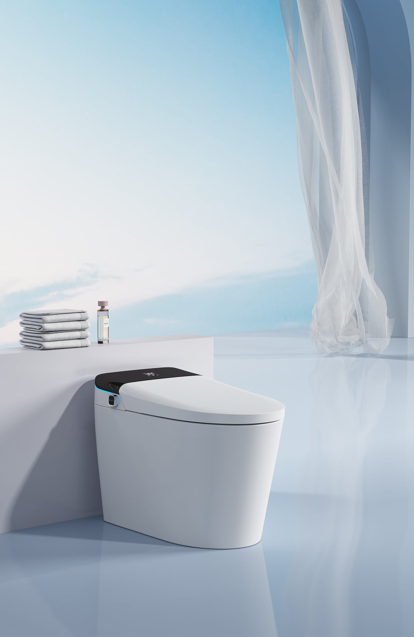 Smart toilet with auto flush, foot sensor flush, heated seat, warm water, warm air drying, remote Control