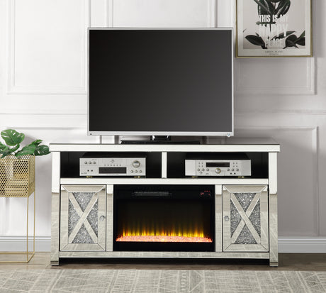 ACME Noralie TV STAND W/FIREPLACE Mirrored & Faux Diamonds LV00318 Home Elegance USA