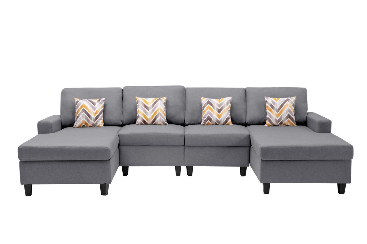 Nolan Gray Linen Fabric 4Pc Double Chaise Sectional Sofa with Pillows and Interchangeable Legs - Home Elegance USA