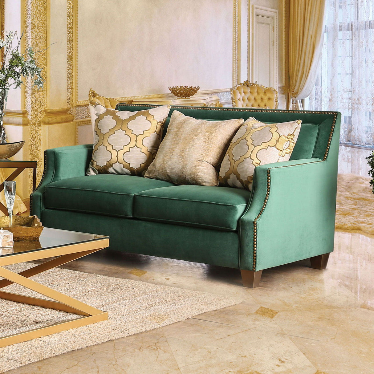 Verdante - Sofa & Loveseat - Emerald Green / Gold - Home Elegance USA