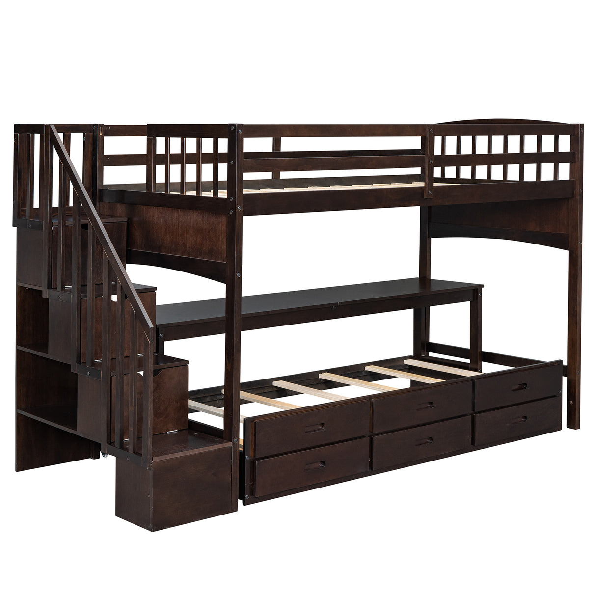 Stairway Twin XL Loft Bed with Twin Size Trundle and 3 Drawers, Storage, Desk, Espresso - Home Elegance USA