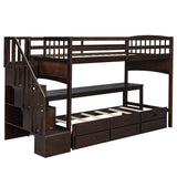 Stairway Twin XL Loft Bed with Twin Size Trundle and 3 Drawers, Storage, Desk, Espresso - Home Elegance USA