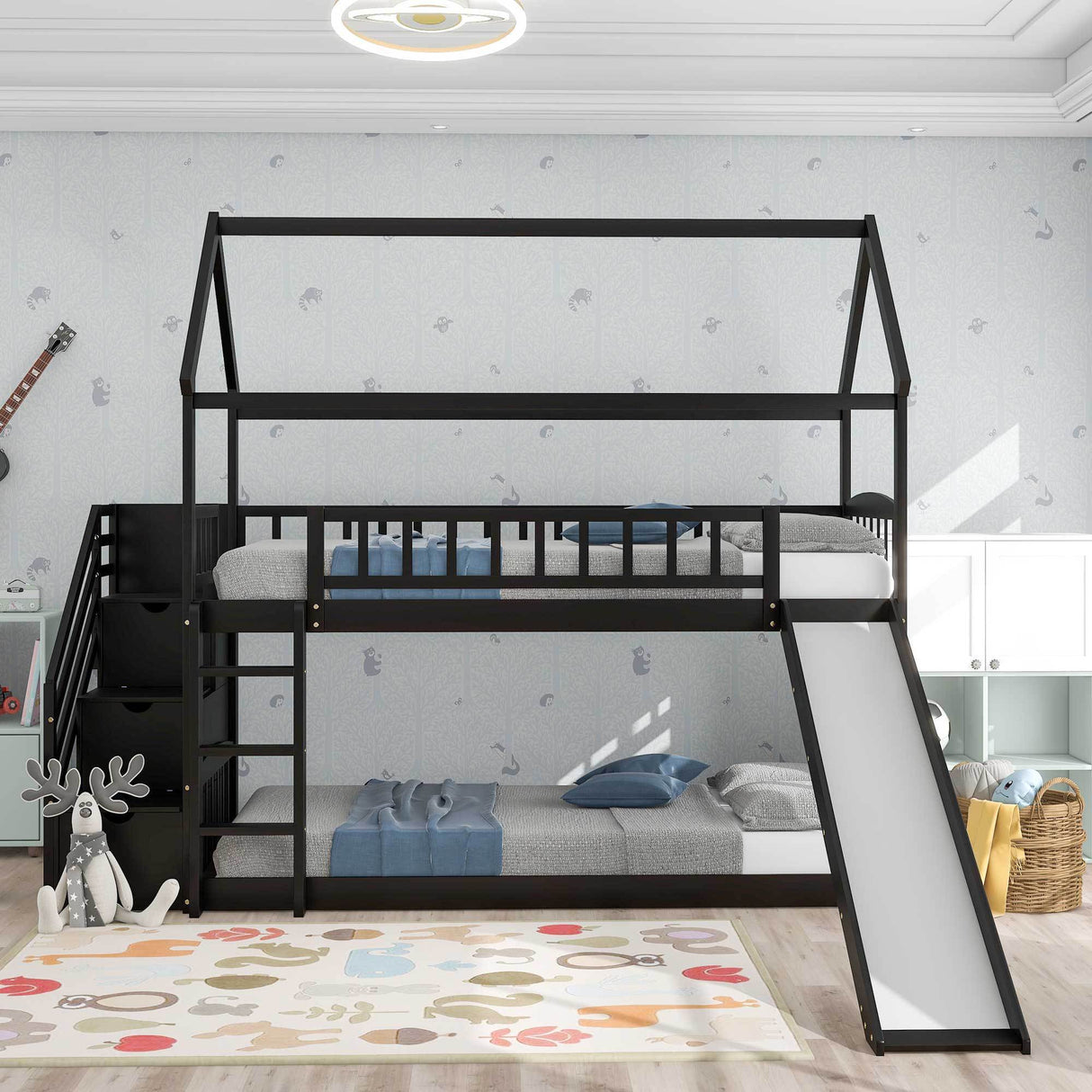 Twin Over Twin Bunk Bed with Drawers and Slide, House Bed with Slide,Espresso(OLD SKU :LT000215AAP) - Home Elegance USA