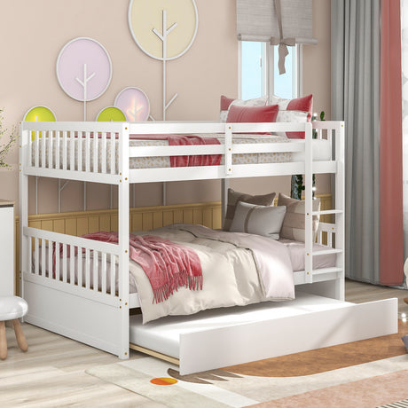 Full Over Full Bunk Bed with Trundle, Convertible to 2 Full Size Platform Bed, Full Size Bunk Bed with Ladder and Safety Rails for Kids, Teens, Adults,White(Old Sku:W504S00002) - Home Elegance USA