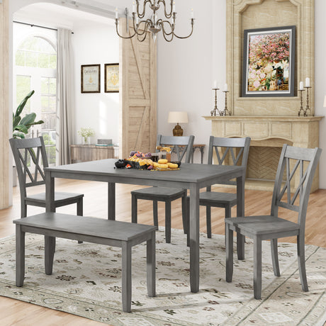 TOPMAX 6-piece Wooden Kitchen Table set, Farmhouse Rustic Dining Table set with Cross Back 4 Chairs and Bench,Antique Graywash - Home Elegance USA