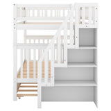 Full over Full Bunk Bed with Trundle and Staircase,White - Home Elegance USA