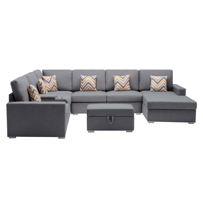 Nolan Gray Linen Fabric 8Pc Reversible Chaise Sectional Sofa with Interchangeable Legs, Pillows, Storage Ottoman, and a USB, Charging Ports, Cupholders, Storage Console Table - Home Elegance USA