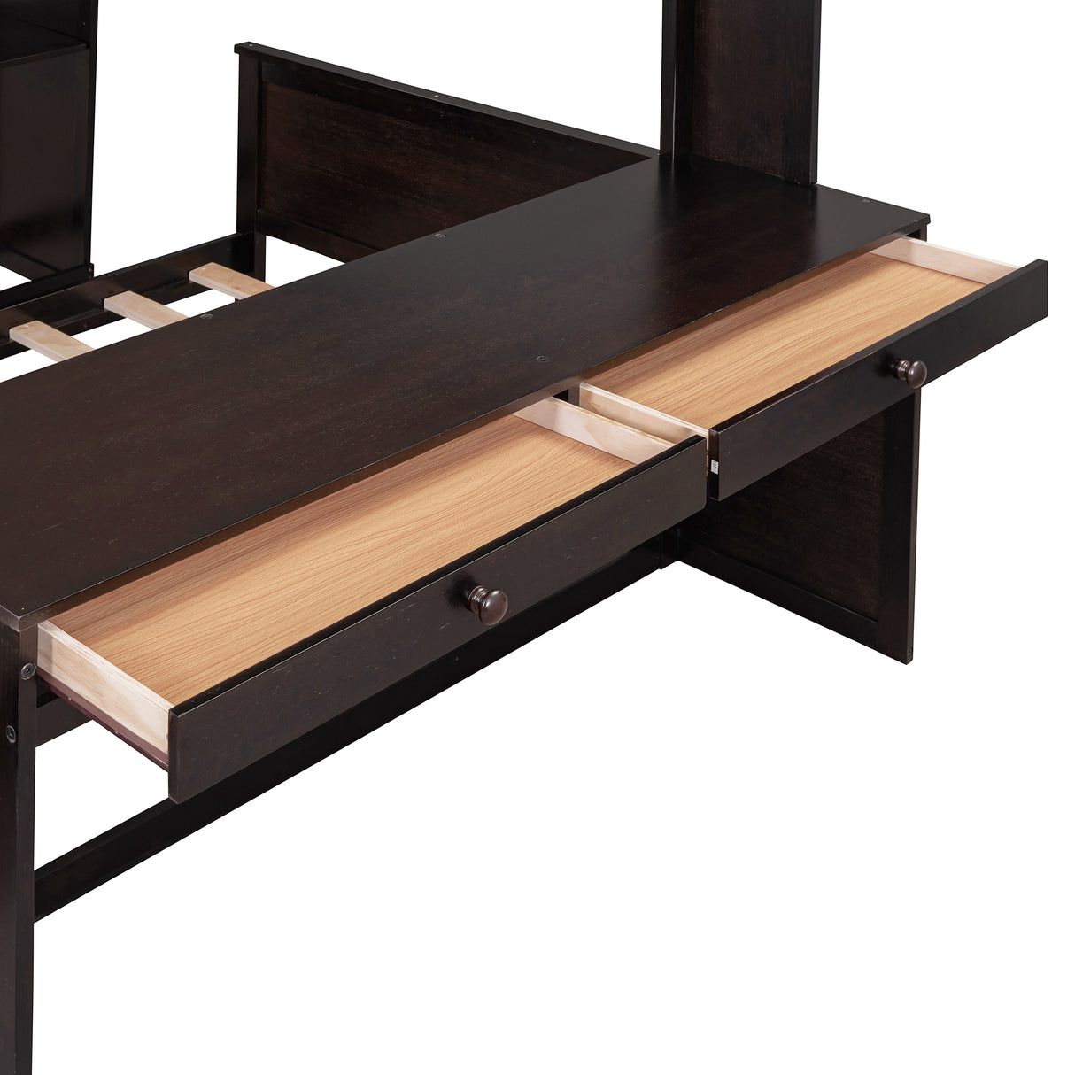 Full size Loft Bed with a twin size Stand-alone bed, Shelves,Desk,and Wardrobe-Espresso - Home Elegance USA