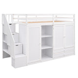 Functional Loft Bed with 3 Shelves, 2 Wardrobes and 2 Drawers,  Ladder with Storage, No Box Spring Needed, White - Home Elegance USA