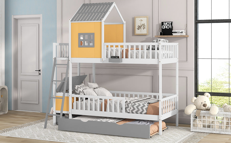 Twin over Twin Bunk Bed with Twin Size Trundle , Farmhouse Bed with Storage Box and Drawer - Yellow - Home Elegance USA