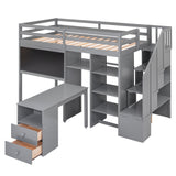 Twin Size Loft Bed with Pullable Desk and Storage Shelves,Staircase and Blackboard,Gray - Home Elegance USA