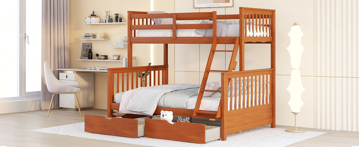 Twin-Over-Full Bunk Bed with Ladders and Two Storage Drawers (Walnut) ( old sku:LT000165AAD） - Home Elegance USA