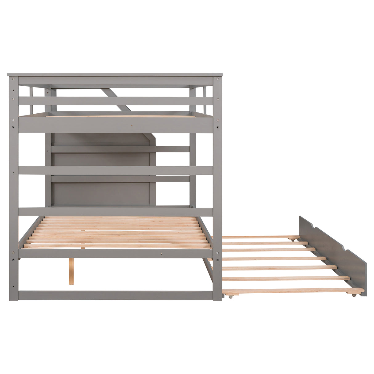 Full-over-Full Bunk Bed with Twin Size Trundle and 3 Storage Stairs,Gray - Home Elegance USA