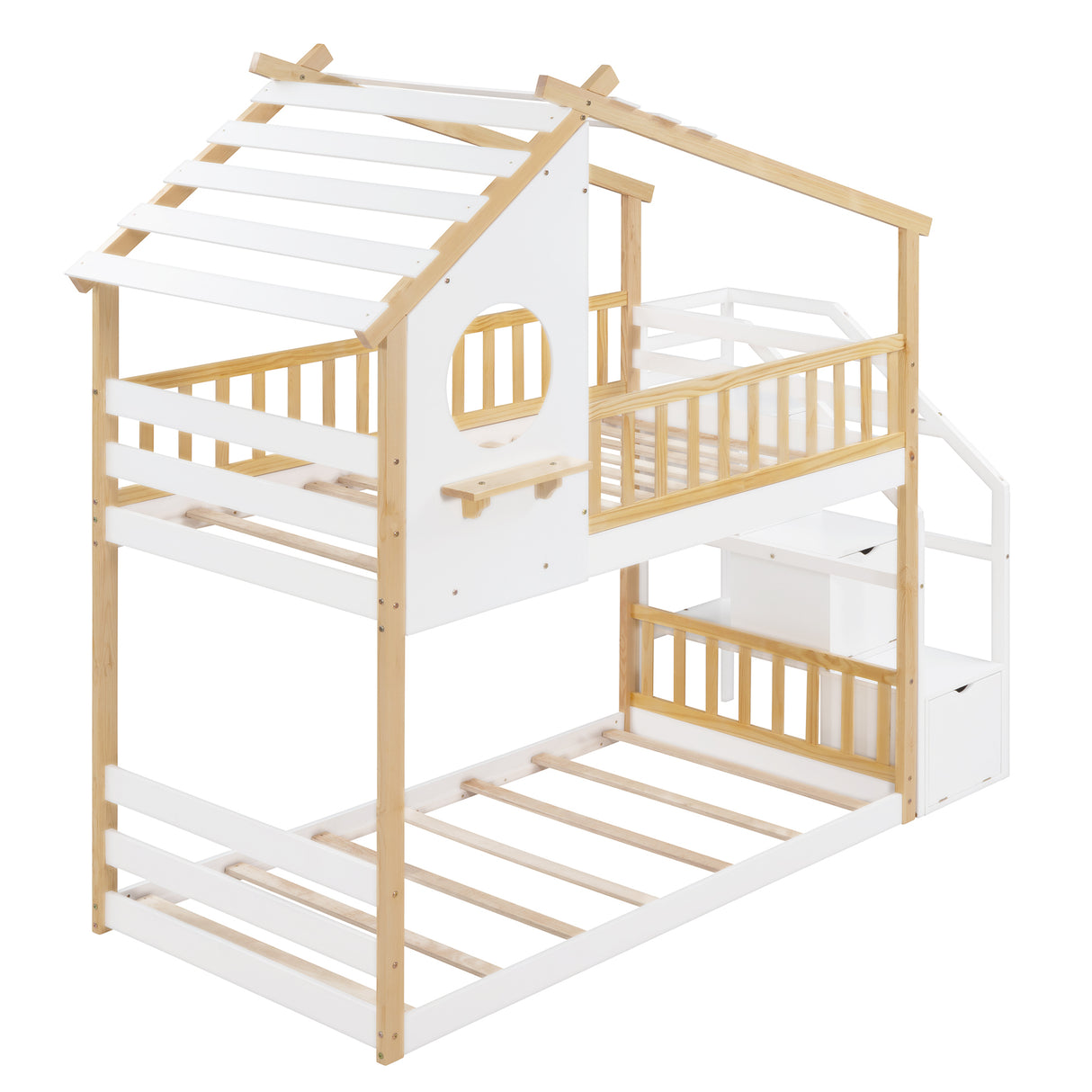 Stairway Twin-Over-Twin Bunk Bed,House Bed,Storage and Guard Rail,Natural Bed +White Stair - Home Elegance USA