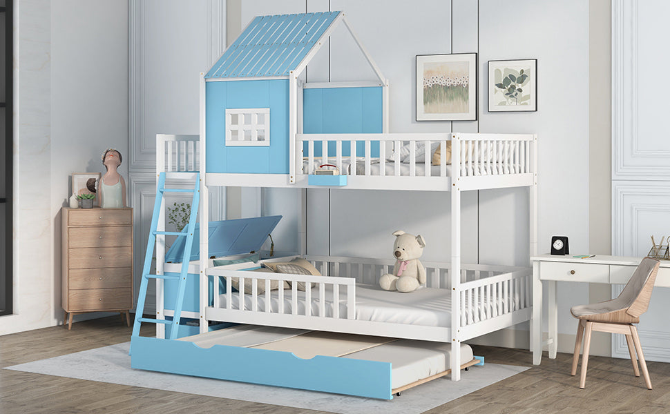 Full over Full Bunk Bed with Twin Size Trundle , Farmhouse Bed with Storage Box and Drawer - Blue - Home Elegance USA