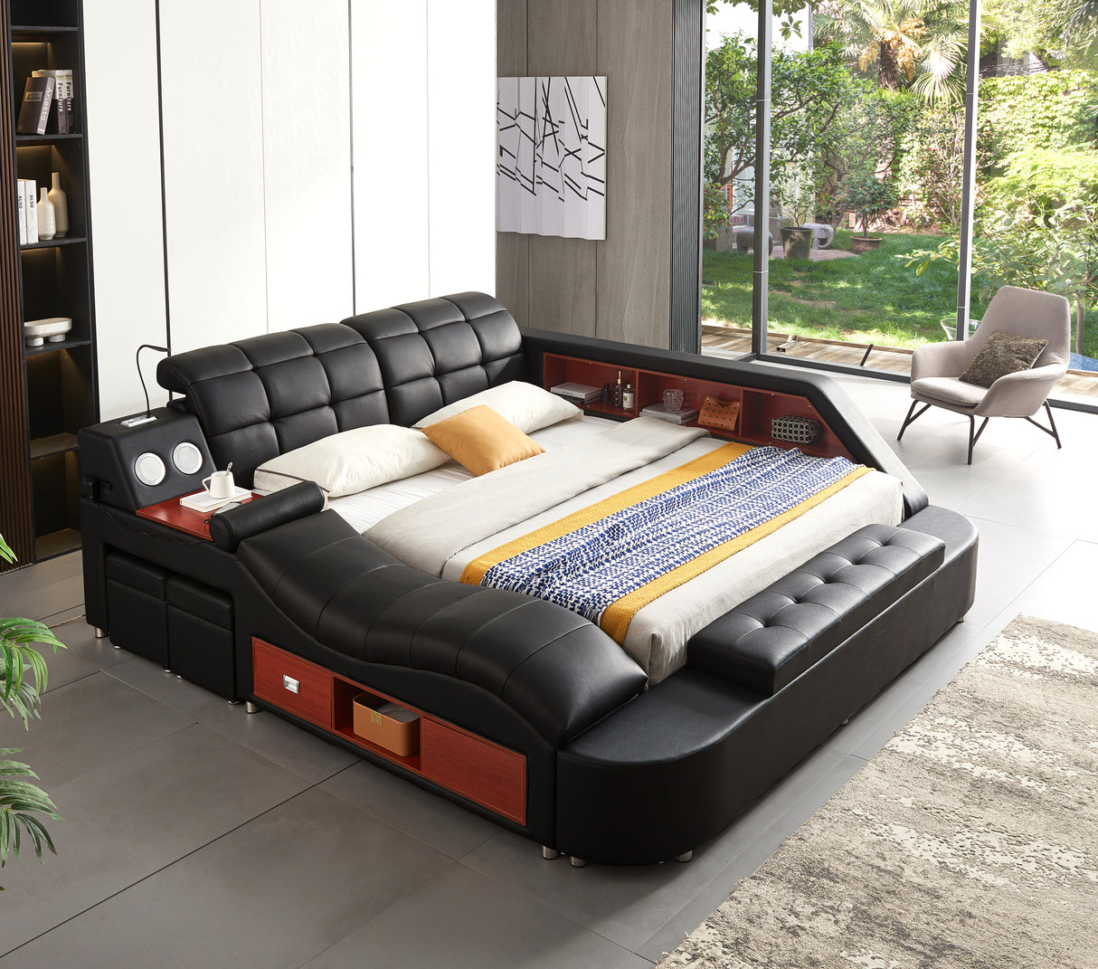 Multifunctional Upholstered Storage Bed Frame, Massage Chaise Lounge on Left, Queen Size, Black - Home Elegance USA