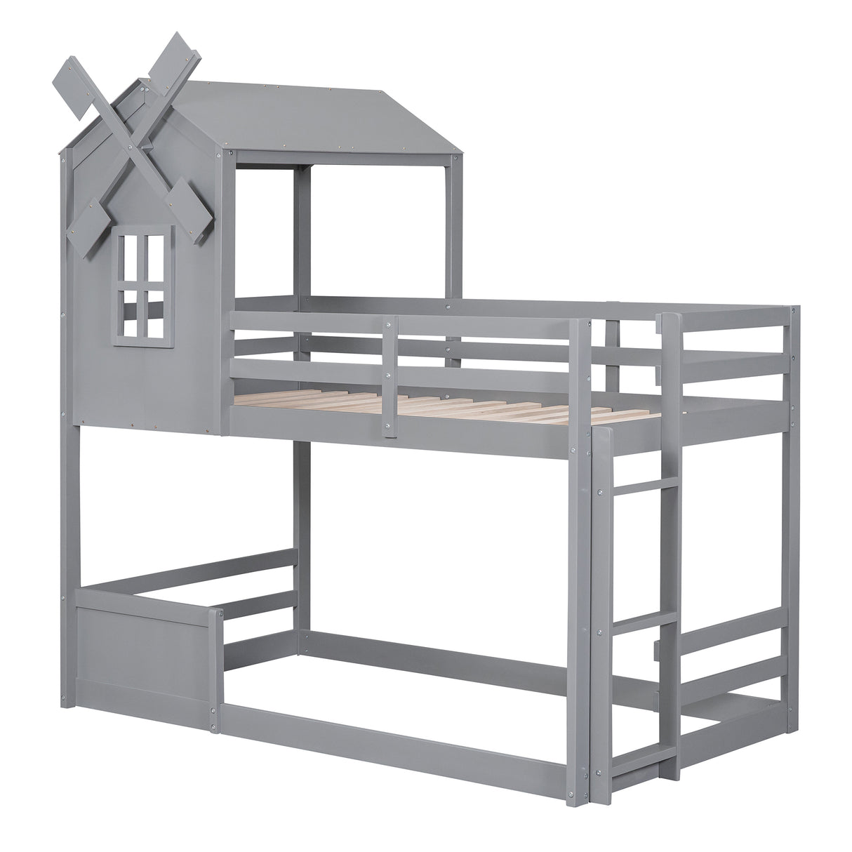 Twin over Twin Bunk Bed with Roof and Window, with Guardrails and Ladder, Gray - Home Elegance USA