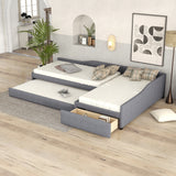 Upholstered Double Twin Size Daybed with Trundle and Drawer, Gray