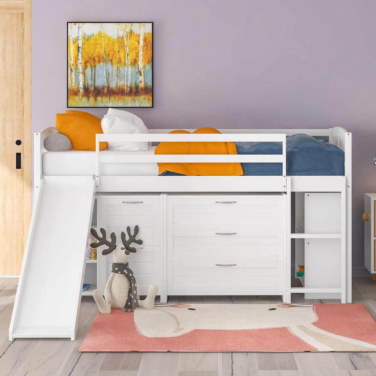 Low Twin Size Loft Bed with Cabinets, Shelves and Slide - White(OLD SKU :LP000503AAK)