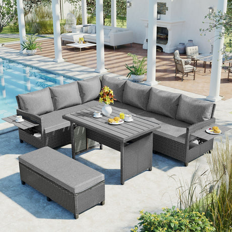 TOMAX 5-Piece Outdoor Patio Rattan Sofa Set, Sectional PE Wicker L-Shaped Garden Furniture Set with 2 Extendable Side Tables, Dining Table and Washable Covers for Backyard, Poolside, Indoor, Gray - Home Elegance USA