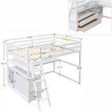 Full Size Loft Bed with Desk and Shelves,Two Built-in Drawers,White - Home Elegance USA