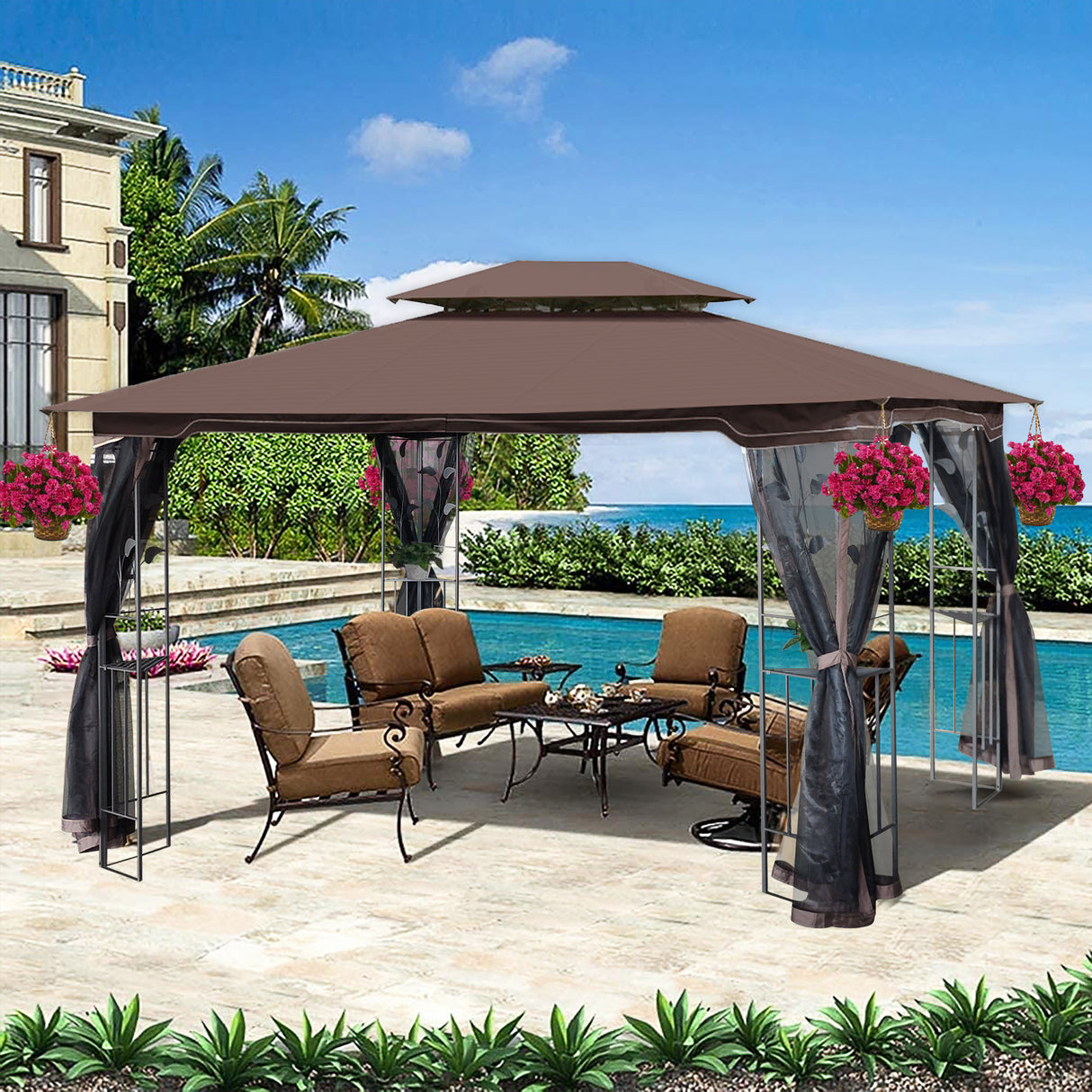 13x10 Outdoor Patio Gazebo Canopy Tent With Ventilated Double Roof And Mosquito net(Detachable Mesh Screen On All Sides),Suitable for Lawn, Garden, Backyard and Deck,Brown Top - Canopies & Gazebos - W41942173 - image - 2