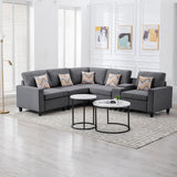 Nolan Gray Linen Fabric 6Pc Reversible Sectional Sofa with a USB, Charging Ports, Cupholders, Storage Console Table and Pillows and Interchangeable Legs - Home Elegance USA