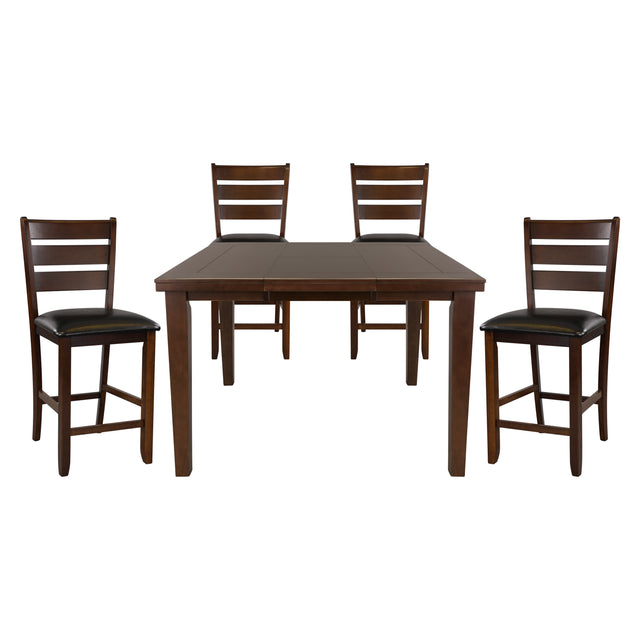 Contemporary Dining 5pc Set Counter Height Table w Self-Storing Extension Leaf and 4x Counter Height Chairs Dark Oak Finish Dining Room Furniture - Home Elegance USA