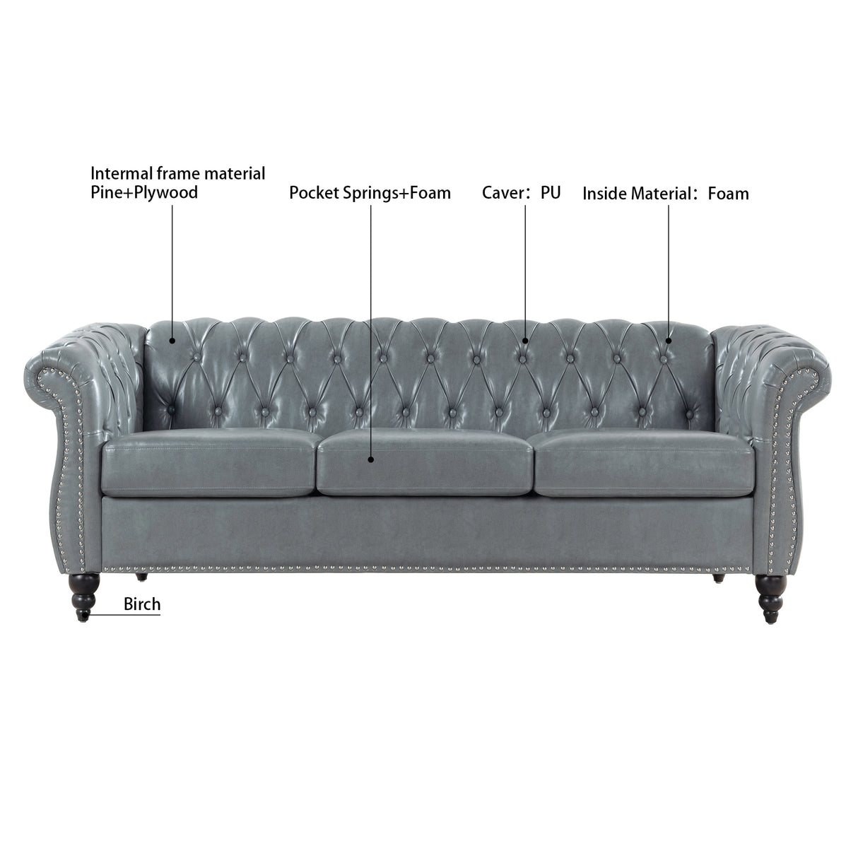 84.65" Rolled Arm Chesterfield 3 Seater Sofa. | Home Elegance USA