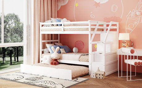 Twin-Over-Twin Bunk Bed with Twin Size Trundle and 3 Storage Stairs,White(OLD SKU :LP000064AAK)