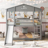 Twin over Twin House Bunk Bed with Convertible Slide and Ladder,Converts into 2 Separate Platform Beds,Gray - Home Elegance USA
