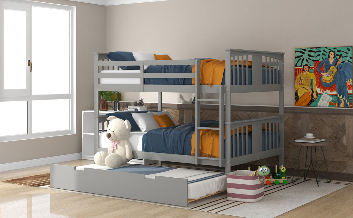 Full over Full Bunk Bed with Twin Size Trundle and Ladder-Gray(Old SKU: LP000204AAE) - Home Elegance USA