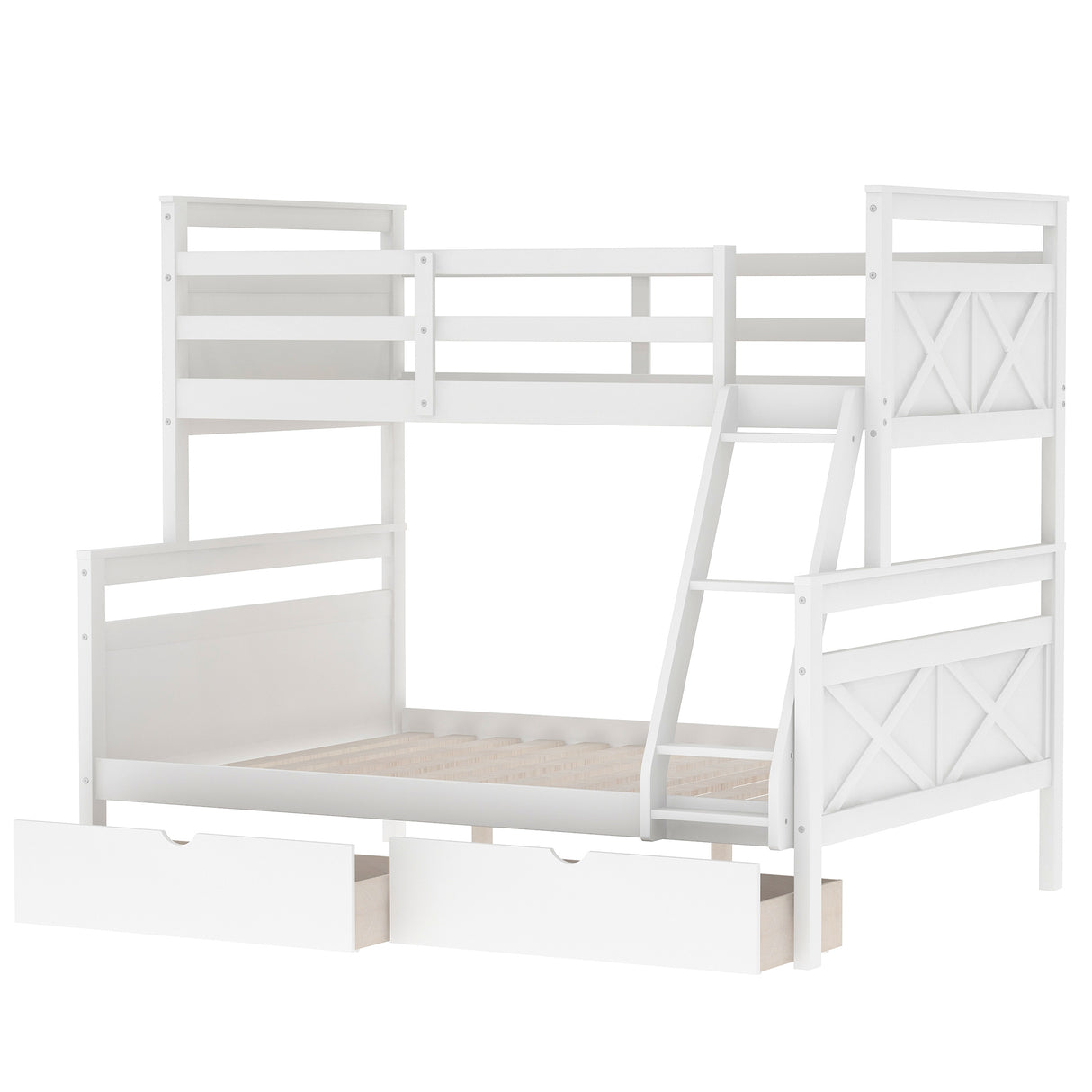 Twin over Full Bunk Bed with Ladder, Two Storage Drawers, Safety Guardrail, White - Home Elegance USA