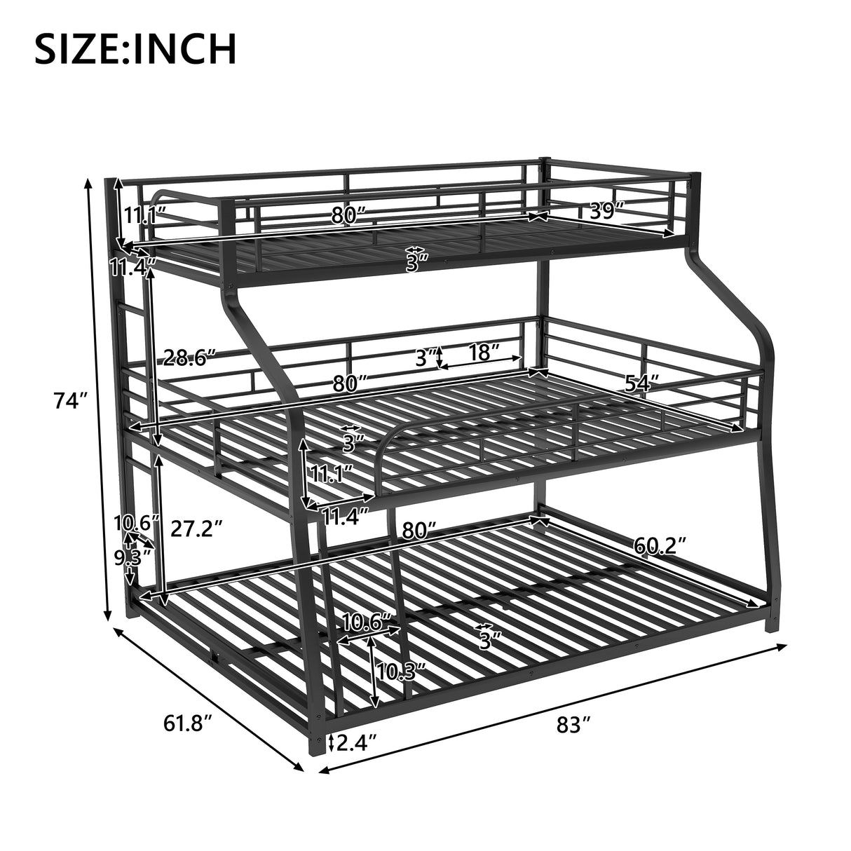 Twin XL/Full XL/Queen Triple Bunk Bed with Long and Short Ladder and Full-Length Guardrails,Black - Home Elegance USA