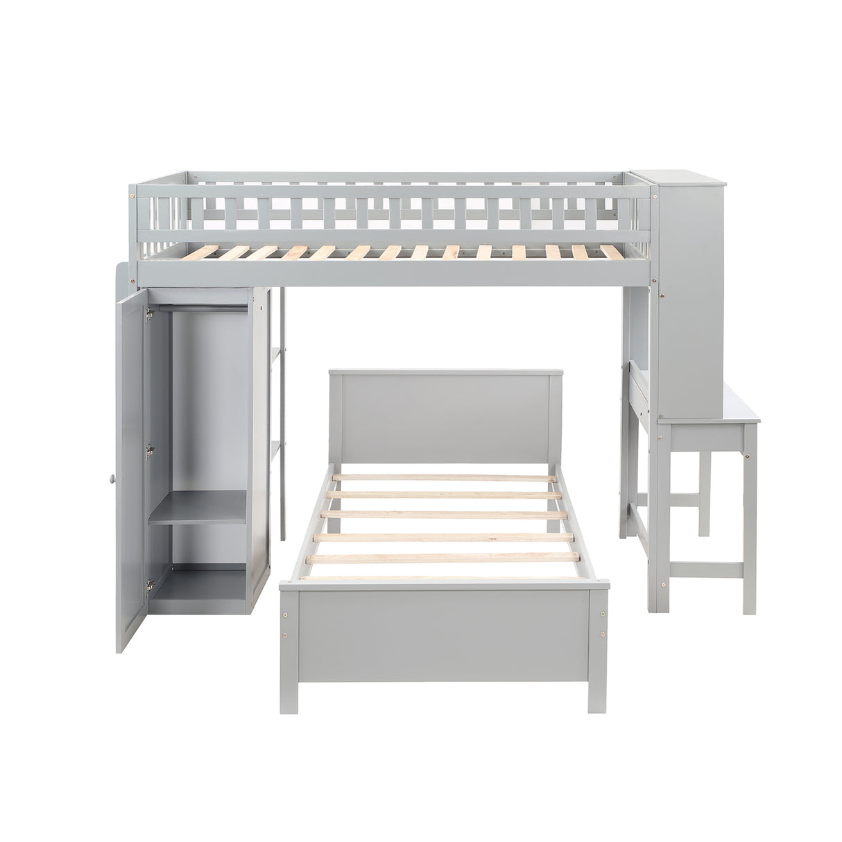 Twin Size Loft Bed with Closet and Desk, Extra Bottom Twin Bed, Grey - Home Elegance USA