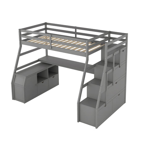 Twin Size Loft Bed with with 7 Drawers 2 Shelves and Desk - Gray