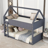 Twin Size Upholstery House Bunk Bed with Headboard and Footboard,Grey - Home Elegance USA