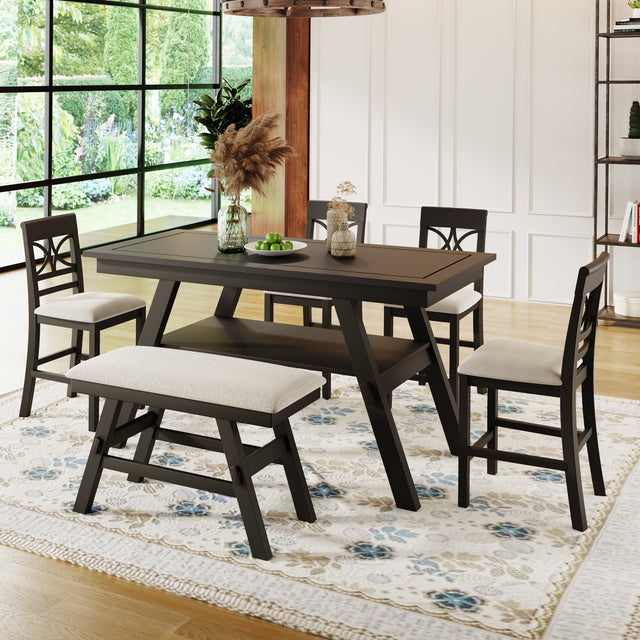 TOPMAX 6-Piece Wood Counter Height Dining Table Set with Storage Shelf, Kitchen Table Set with Bench and 4 Chairs,Rustic Style,Espresso+Beige Cushion - Home Elegance USA