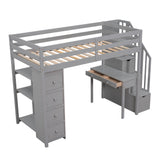 Twin size Loft Bed with Storage Drawers ,Desk and Stairs, Wooden Loft Bed with Shelves - Gray - Home Elegance USA