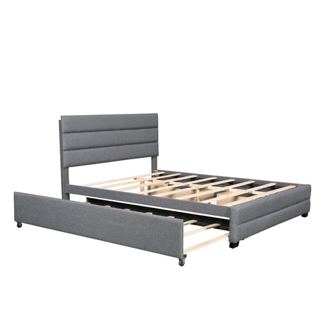 Queen Upholstered Platform Bed with Twin Size Trundle and Two Drawers,Grey - Home Elegance USA