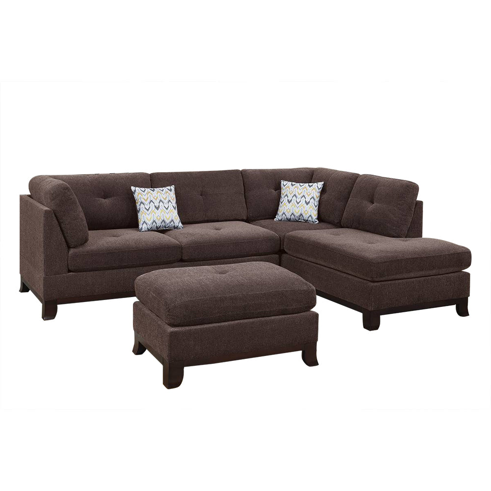 Chenille Reversible Sectional Sofa with Ottoamn in Dark Coffee - Home Elegance USA