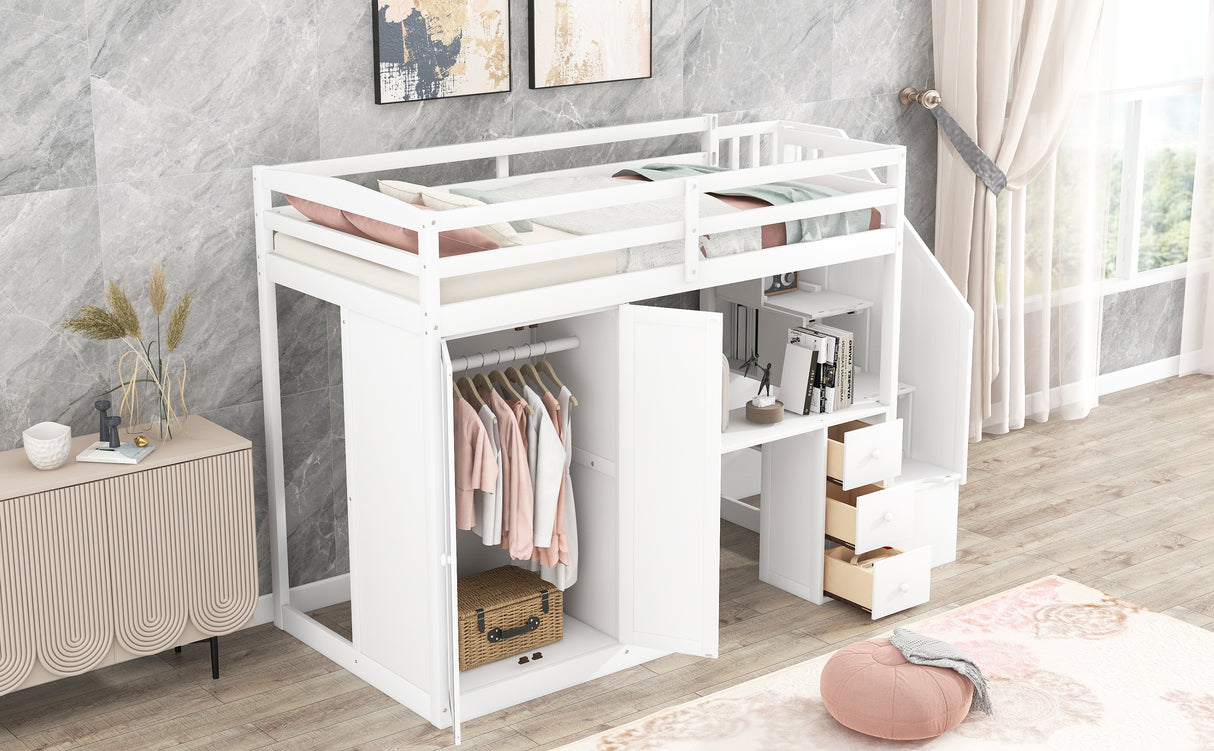 Twin Size Loft Bed with Wardrobe and Staircase, Desk and Storage Drawers and Cabinet in 1, White - Home Elegance USA