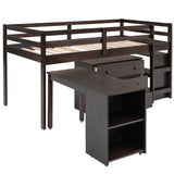 Low Study Twin Loft Bed with Cabinet and Rolling Portable Desk - Espresso (OLD SKU :LP000113AAP)